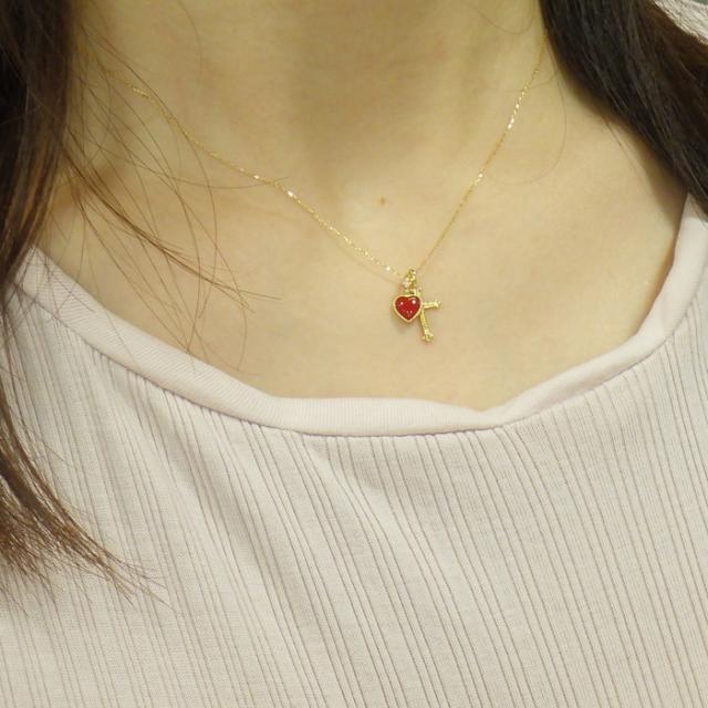 日本産 赤 珊瑚 サンゴ ハート プチ ネックレス 18k イエロー ゴールド