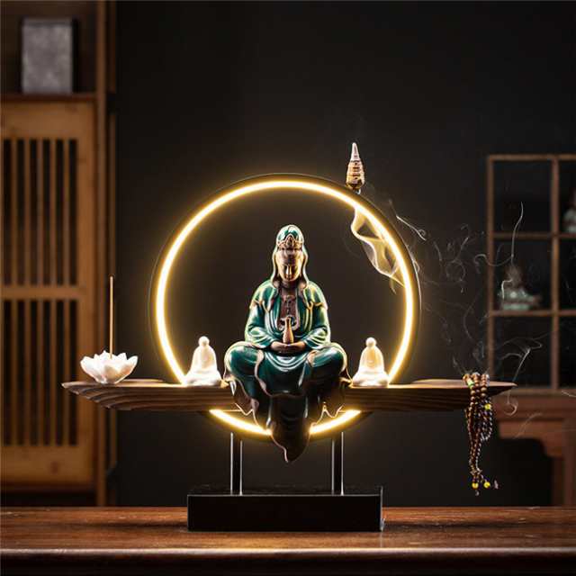 観音像 観世音菩薩 観自在菩薩 仏像 観音菩薩 LEDライト 台座 倒流香