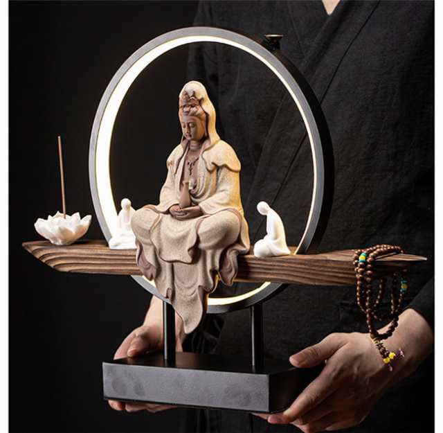 観音像 観世音菩薩 観自在菩薩 仏像 観音菩薩 LEDライト 台座 倒流香