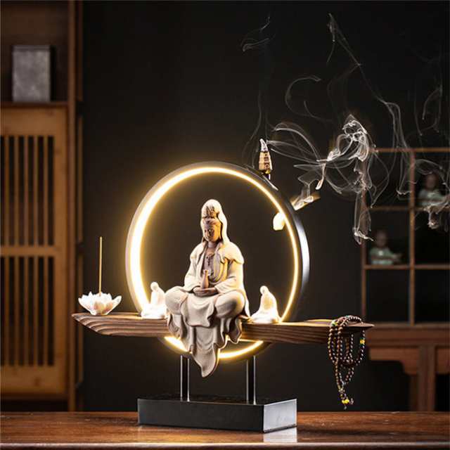 観音像 観世音菩薩 観自在菩薩 仏像 観音菩薩 LEDライト 台座 倒流香