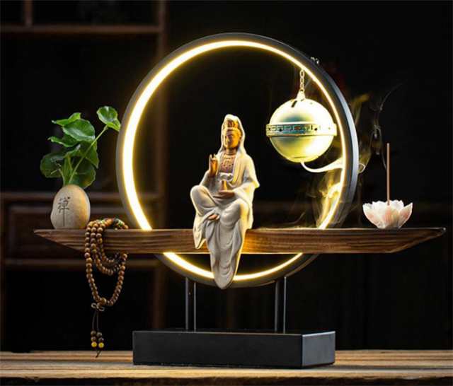 観音像 観世音菩薩 観自在菩薩 仏像 観音菩薩 LEDライト 台座 倒流香