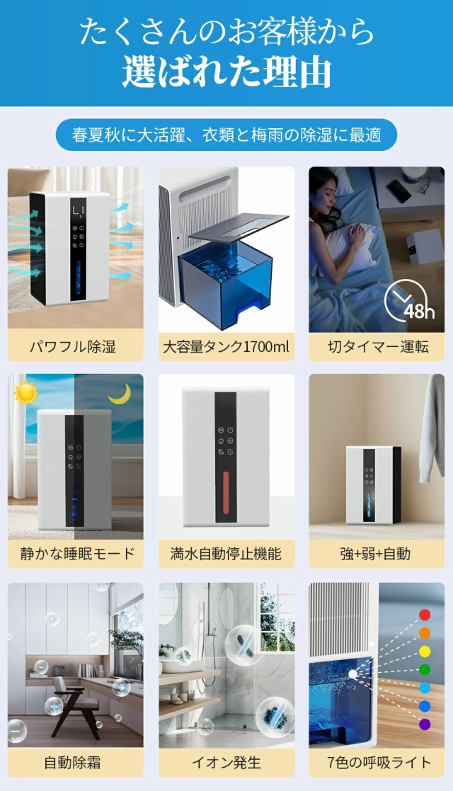除湿機 衣類乾燥 梅雨 コンパクト 1.7L 大容量 18畳 除湿器 小型 省エネ 強力除湿 空気清浄 静音 部屋干し 半導体式 自動停止 自動除霜 スリープモード 結露対策