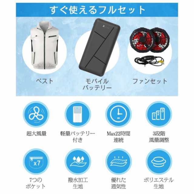空調ベスト フルセット 空調ベスト 空調ウェア 空調作業服 バートル 30000mAhモバイルバッテリー 空調扇風服 3段階強風 エアコン服 UVカット UPF50+_2