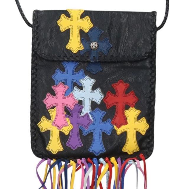 クロムハーツ   BAG-FLAT HIPPIE w FRINGE  ヒッピー マルチカラーレザーパッチフリンジ装飾レザーショルダーバッグ 中古 OK15