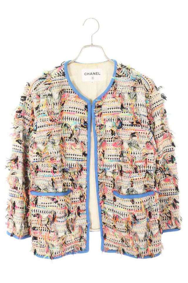 シャネル サイズ:44  P56520V42296 ノーカラーツイードジャケットブルゾン 中古 BS99