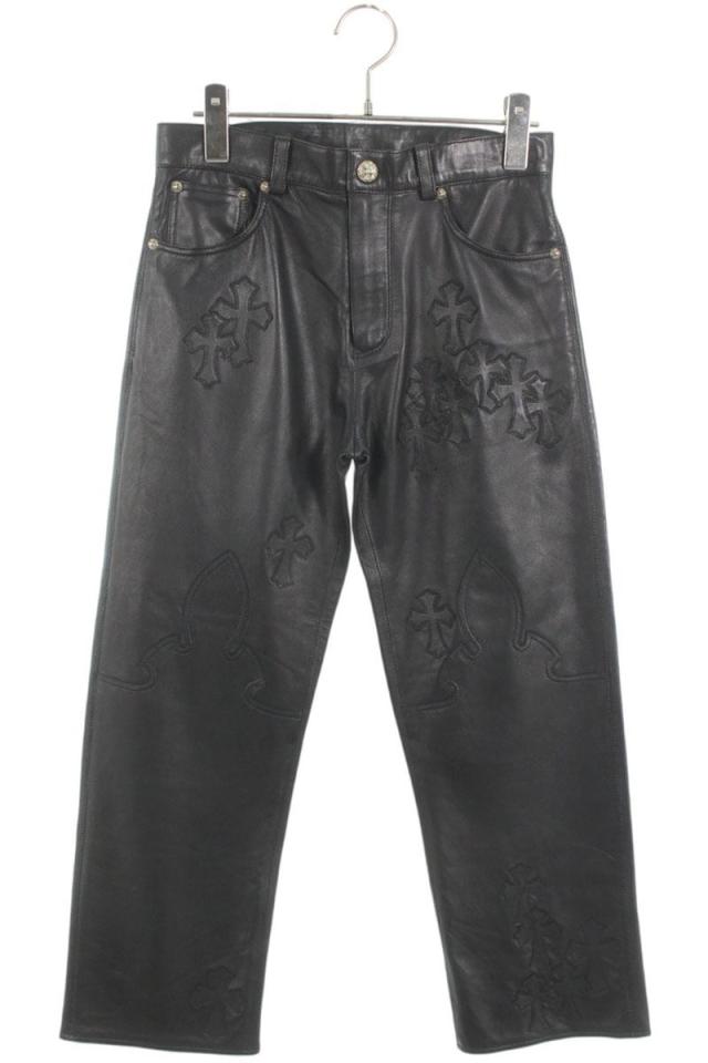 クロムハーツ サイズ:12 LTHR PANTS CEME CRS レザーパンツ クロスパッチフレアニーレザーロングパンツ 中古 SS07