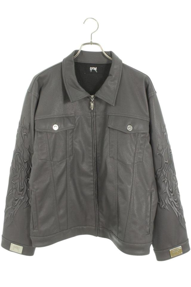 リベンジ サイズ:L  TRIBAL EMBROIDERED LEATHER JACKET GREY トライバルフェイクレザーブルゾン 中古 BS99