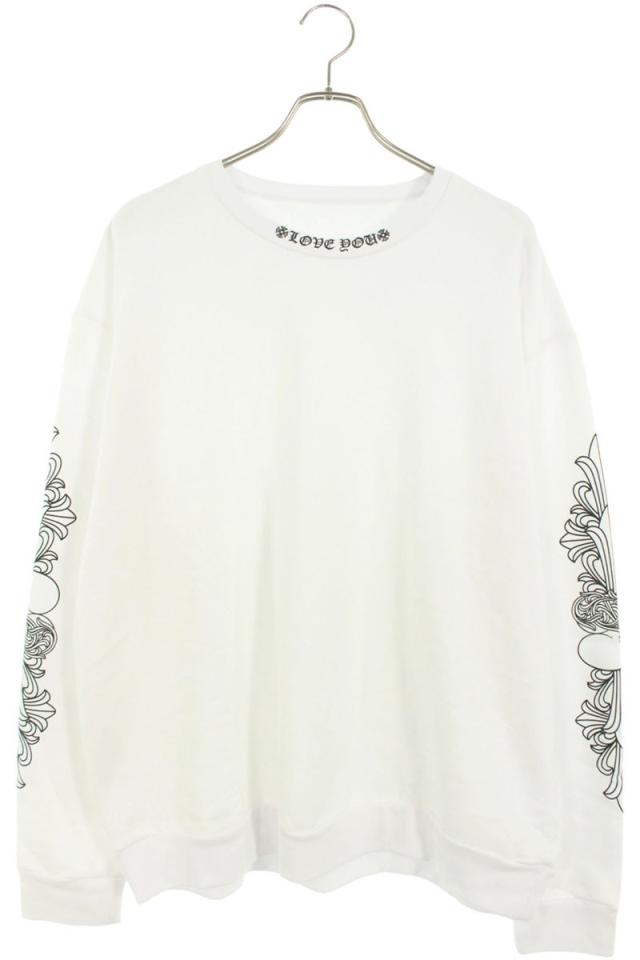 クロムハーツ サイズ:L  LOVE YOU CREW SWTSHRT 袖フローラルクロスハートプリントスウェット 中古 SS07