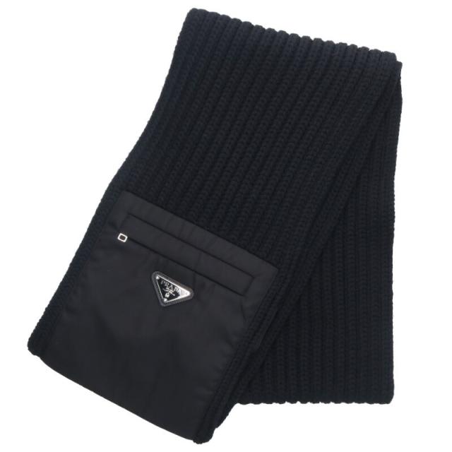 がん プラダ UMS354 RE-NYLONロゴプレートナイロン切替ニットマフラー 中古 BS99