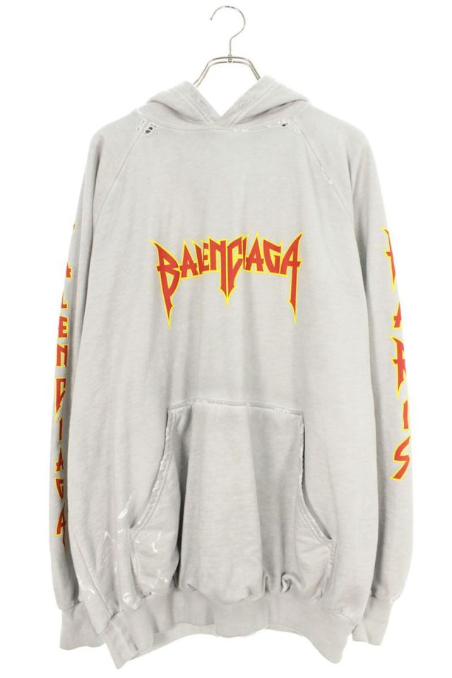バレンシアガ サイズ:1  697879 TMV89 メタリックロゴペンキクラッシュ加工プルオーバーパーカー 中古 SB01
