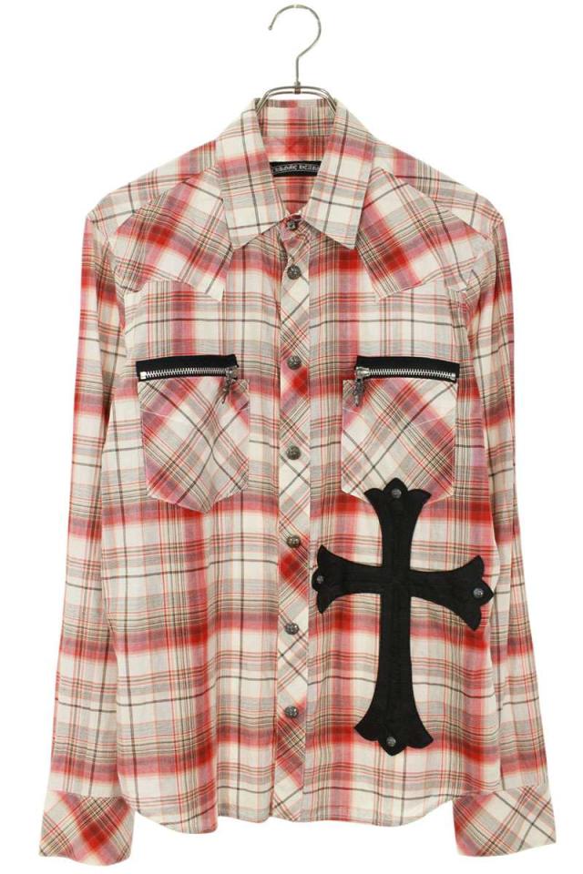 クロムハーツ サイズ:XS ラージクロスパッチ付きダガージップチェック長袖シャツ 中古 SJ02