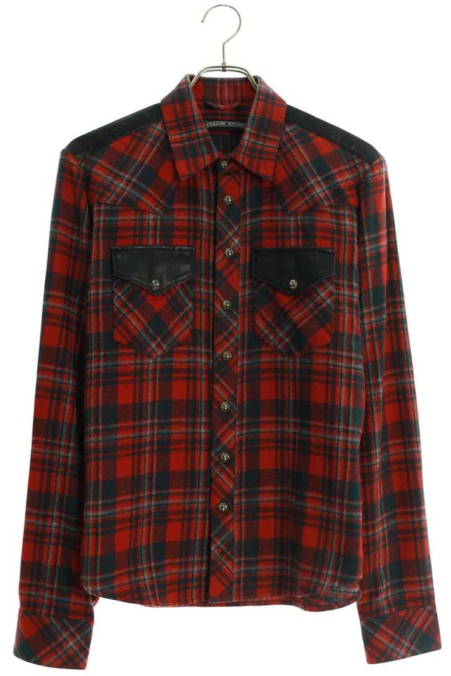 クロムハーツ サイズ:S  WESTN ウエスタンボタン 袖クロスパッチレザー切替クロスボールボタンチェック長袖シャツ 中古 SS07