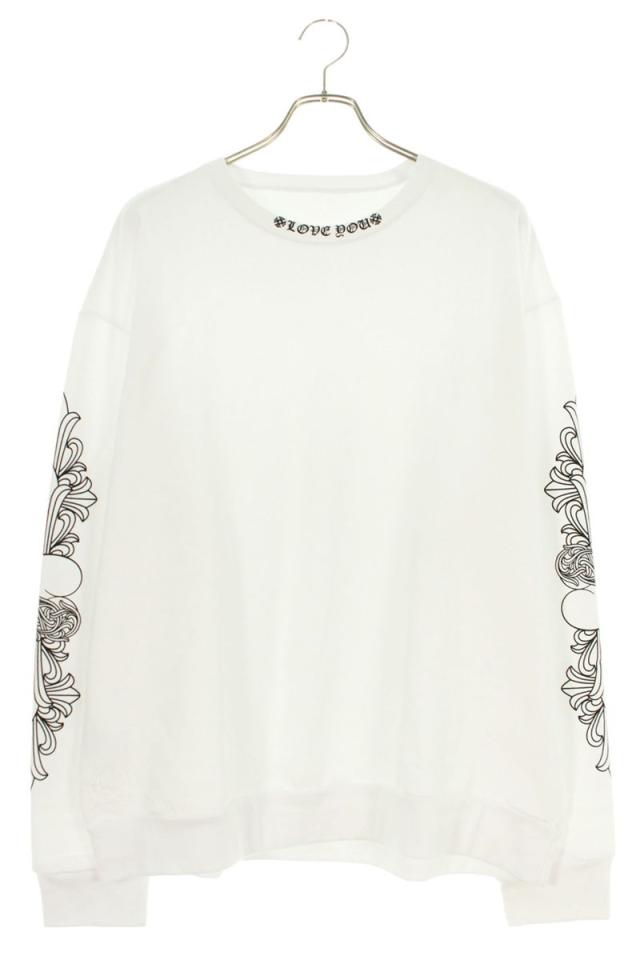 クロムハーツ サイズ:L  LOVE YOU CREW SWTSHRT 袖フローラルクロスハートプリントスウェット 中古 SJ02