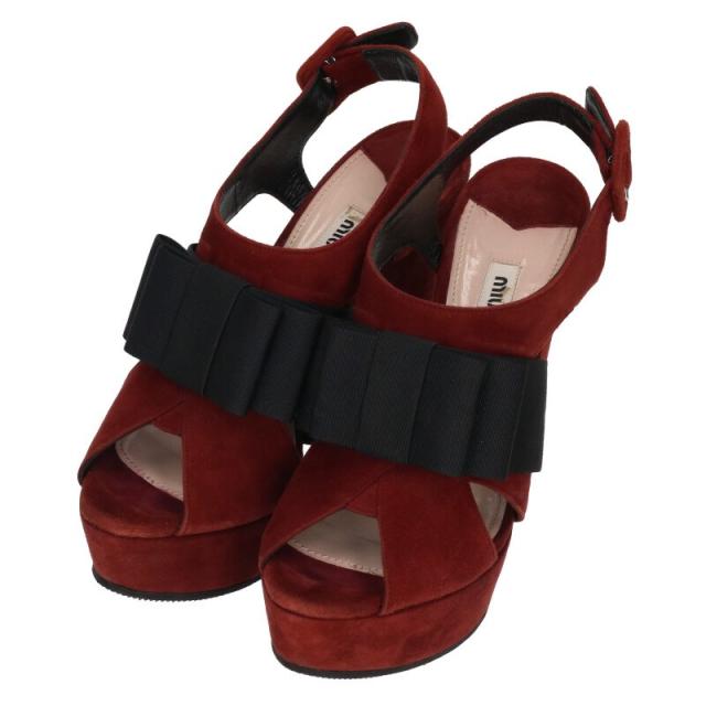 ミュウミュウ サイズ:34 リボン装飾ベロアヒールサンダル 中古 BS99