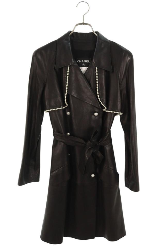 シャネル サイズ:40  P36324C00095 パール装飾トレンチレザーコート 中古 SB01