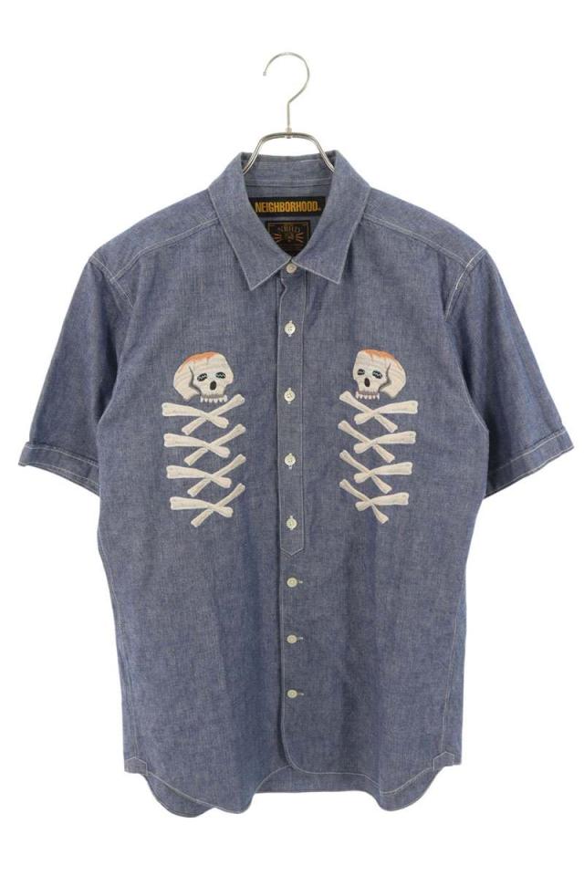 ネイバーフッド サイズ:L  181BENH-SHM04 スカル刺繍デニム半袖シャツ 中古 BS99