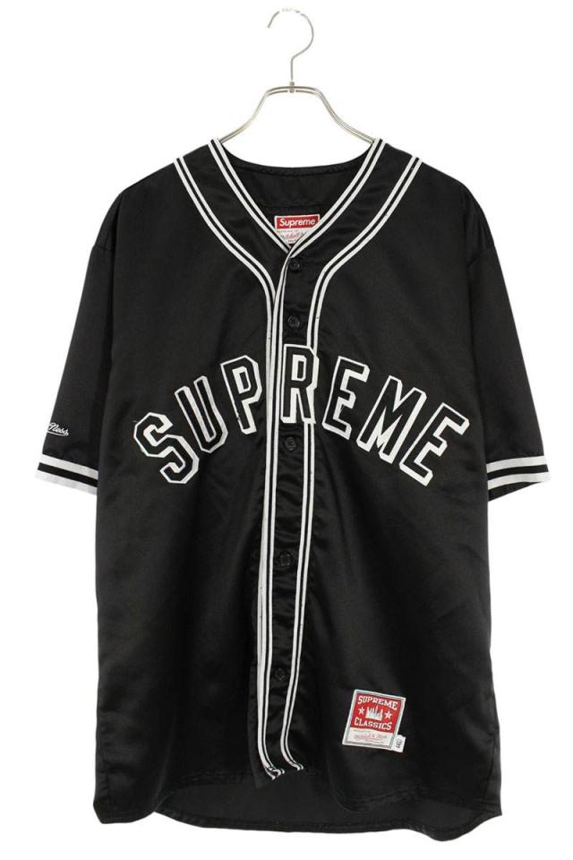 シュプリーム  ミッチェルアンドネス サイズ:L  23SS  Satin Baseball Jersey ロゴ刺繍サテンベースボール半袖シャツ 中古 BS99