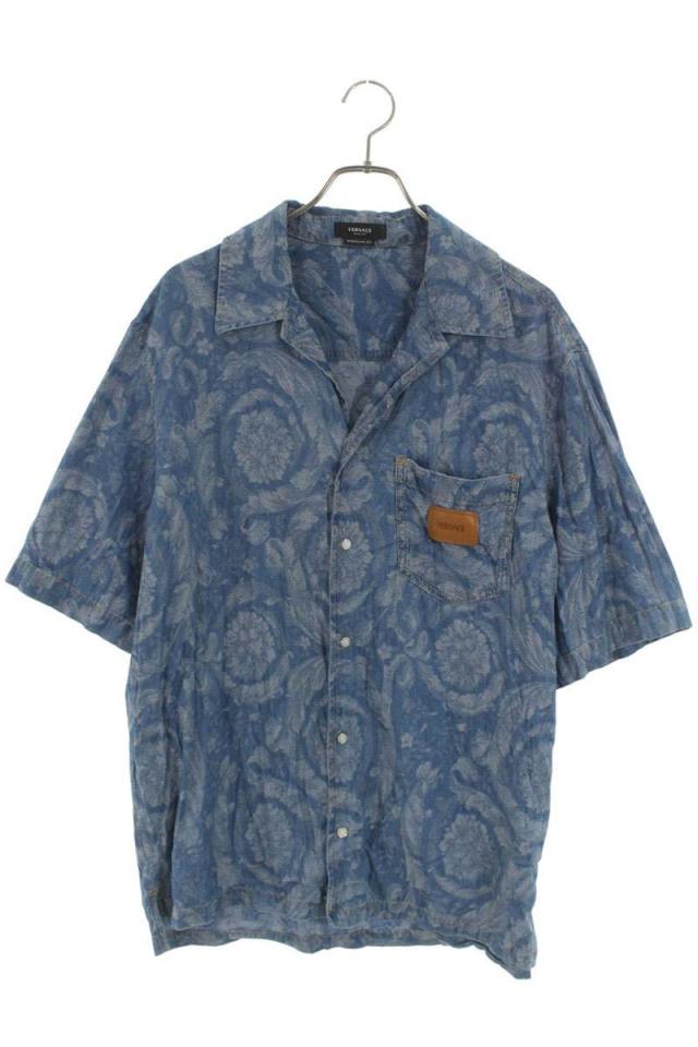 ヴェルサーチェ サイズ:48  1A05765 レザーロゴパッチオープンカラーデニム半袖シャツ 中古 BS99
