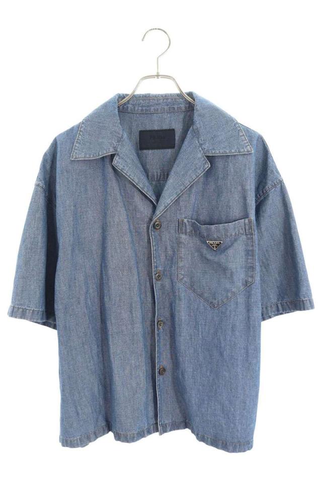 プラダ サイズ:M  GEC068 三角ロゴプレートシャンブレー半袖シャツ 中古 SB01