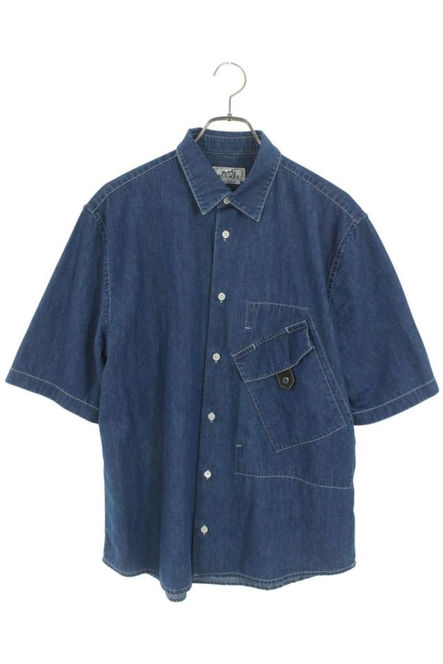 エルメス サイズ:40  H556200HA レザータブフラップポケットデニム半袖シャツ 中古 BS99