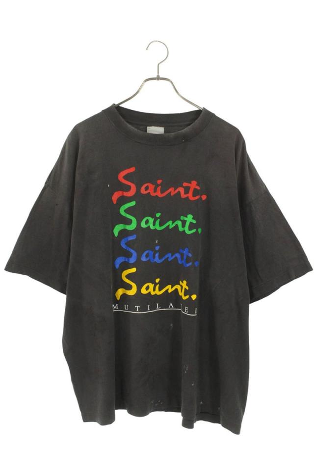 セントマイケル サイズ:XXL  SM-HR1-0000-013 マルチカラーロゴプリントヴィンテージ加工Tシャツ 中古 SB01