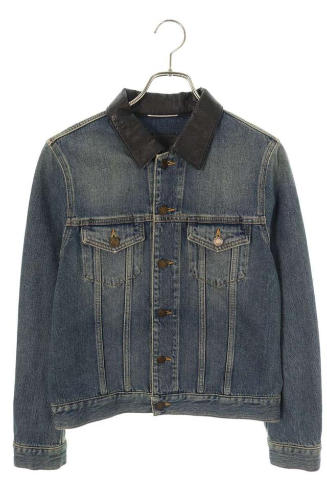 サンローランパリ サイズ:XS  551849 YX868 襟レザー切替ウォッシュドデニムジャケット 中古 OM10