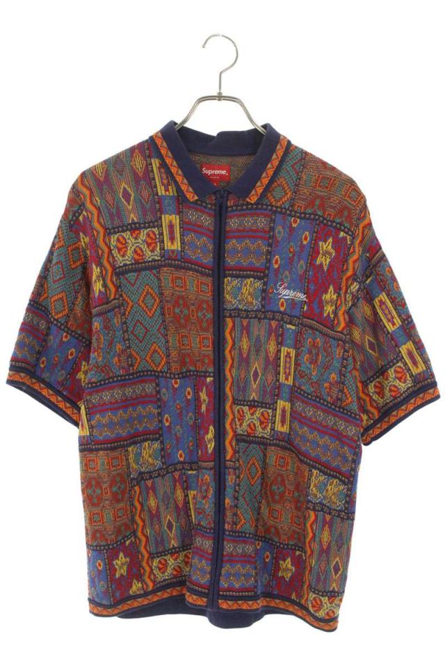 シュプリーム サイズ:L  Patchwork Zip Up Polo 総柄ポロニット半袖シャツ 中古 BS99