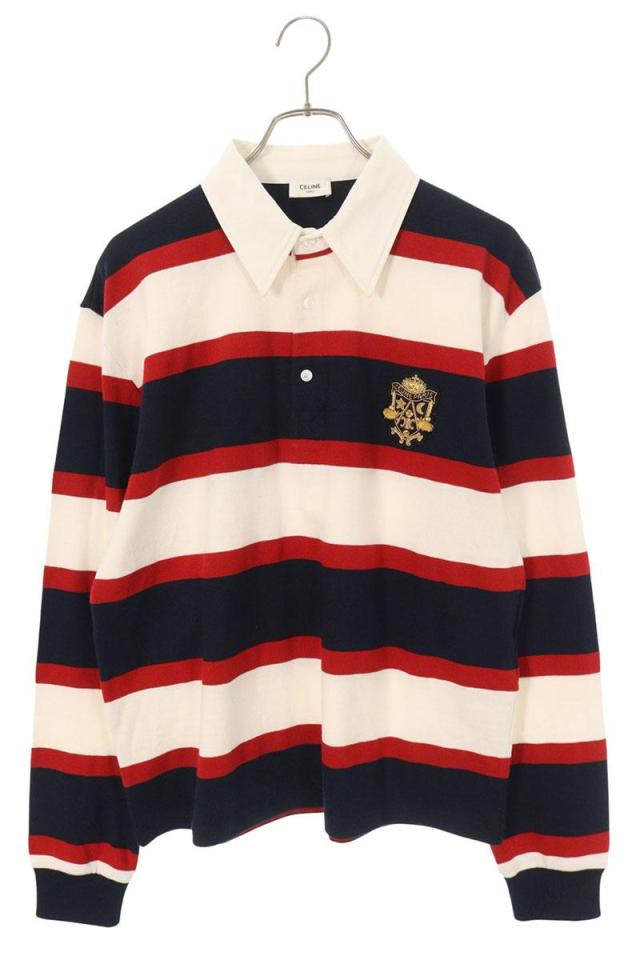 セリーヌ サイズ:M  25SS  RX06O0S32.01QL BLASON ストライプ ラグビー長袖ポロシャツ 中古 SB01
