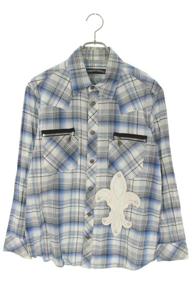 クロムハーツ サイズ:S  GAUZE SHIRT LEATHER PATCH BSフレアレザーパッチクロスボールボタンチェック長袖シャツ 中古 OS06