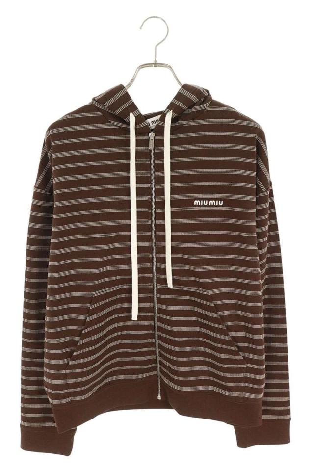 ミュウミュウ サイズ:XS  MJL023 ロゴ刺繍ボーダージップアップパーカー 新古品 SB01