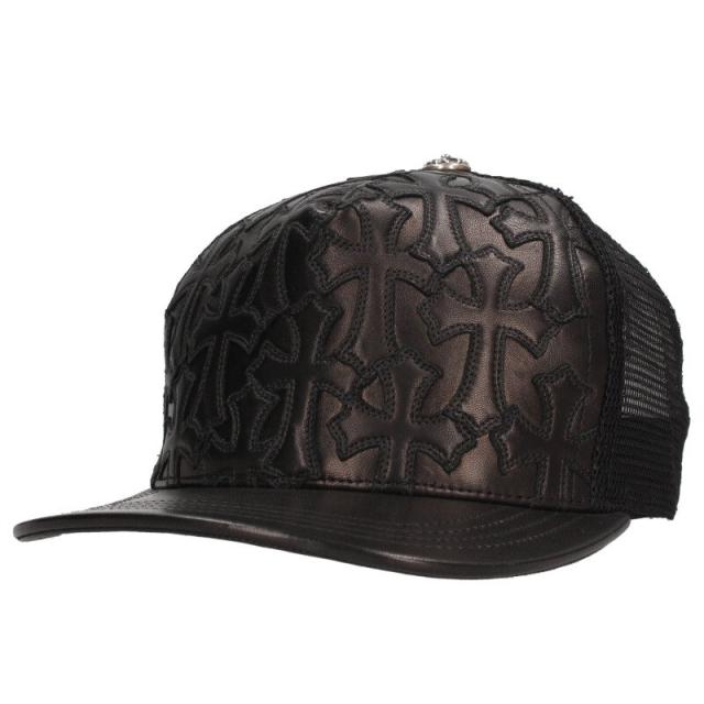 クロムハーツ   TRUCKER CAP CEME セメタリークロスパッチ付きレザー帽子 中古 SS07