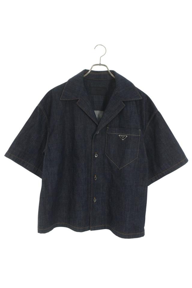 プラダ サイズ:L  GEC068 三角ロゴプレートデニム半袖シャツ 中古 SB01