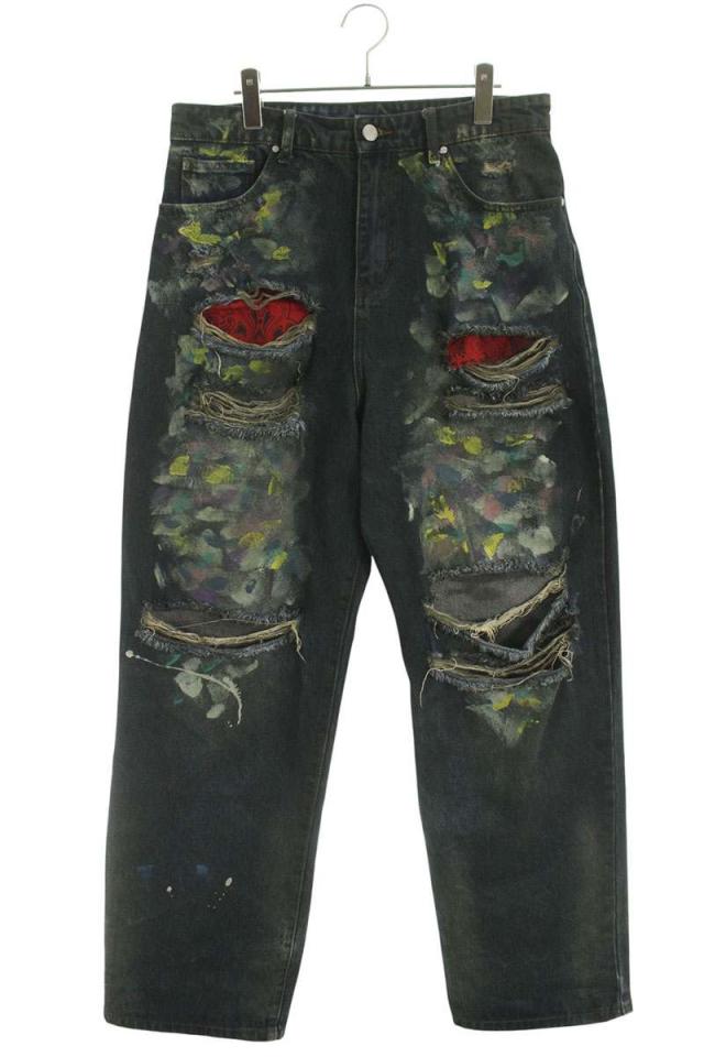 バスケットケース サイズ:32インチ  Lax baggy denim paint splatters ペイントダメージ加工バギーデニムパンツ 中古 BS99