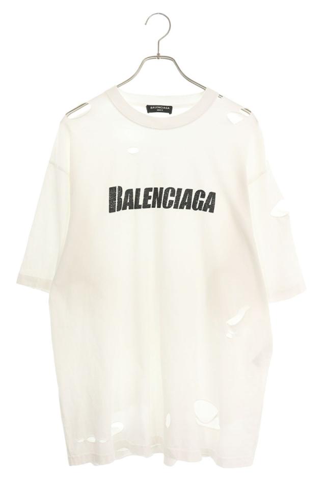 バレンシアガ サイズ:XS 651795 TKVB8 ロゴプリントデストロイ加工Tシャツ 中古 SB01