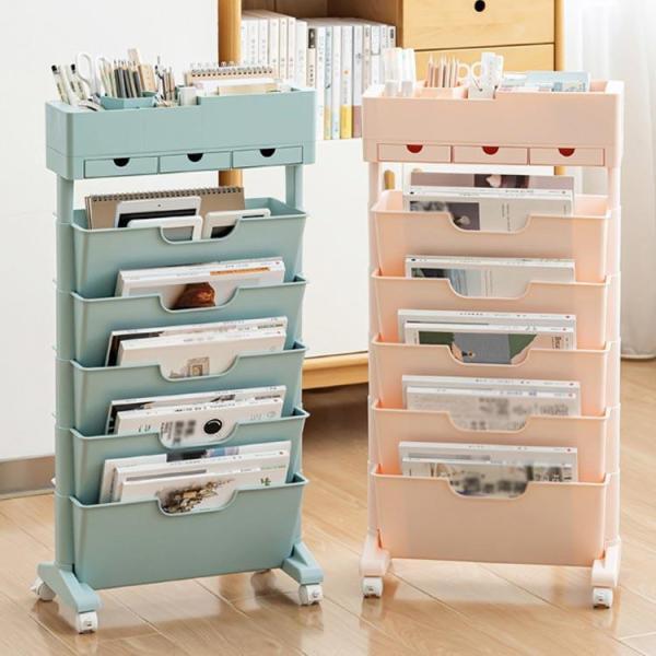 本棚 スリム 教科書 収納 キャスター付き - 書類棚 ファイルワゴン デスク横収納 日本語取扱説明書付 デスクサイド収納 雑誌ラック 組立簡単 省スペース 文房具 本棚 教科書 収納 ワゴン キャスター付き 書類整理 スリム ファイル