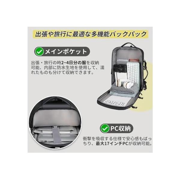 男士大容量リュック、ビジネスリュック、レジャー、防水、43.18cm、PCリュック、株式会社錦 耐衝撃性、USB充電ポート、多機能ポケット