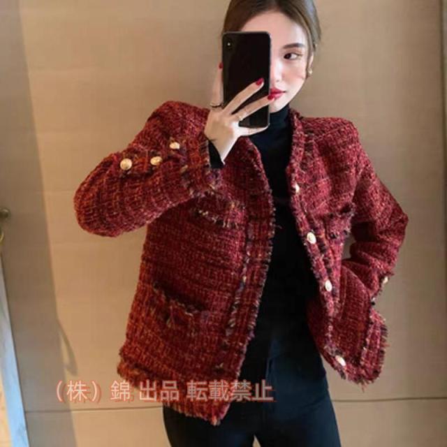 ノーカラージャケット　ショートジャケット　ツイード　レッド系　株式会社錦 カジュアル　セレモニー　結婚式　大きいサイズ有り２XL　ほっそり効果大