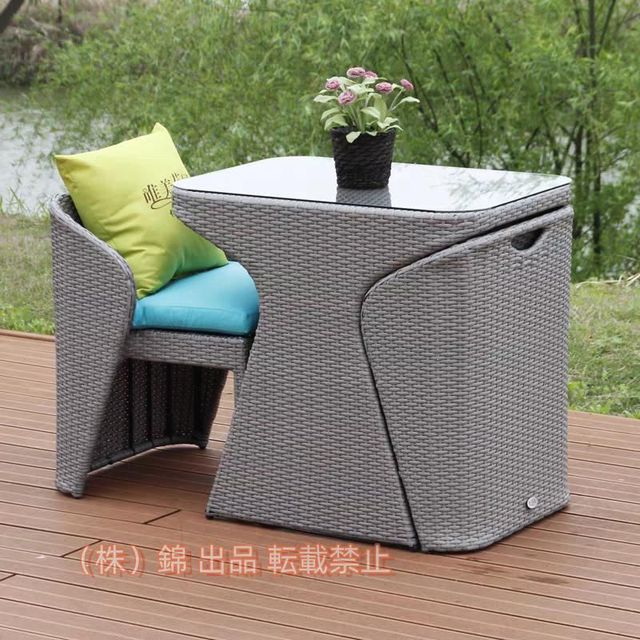 ガーデンソファー ラタン調 ガーデンテーブルセット 防水 ガーデンチェアー 屋外 3点、2籐椅子1強化ガラステーブル錦折りたたみ式屋外パティオ家具セット設置