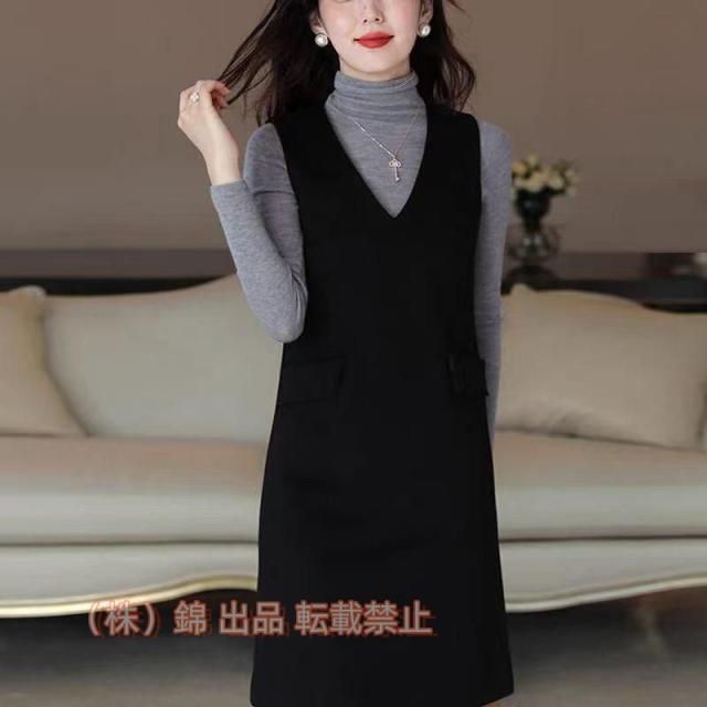 V襟ジャンバースカート　ブラック　ストレートライン　暖か　防寒　ひざ丈　ジャンパースカート大きいサイズ有Sから３L女子会20代30代40代50代60代