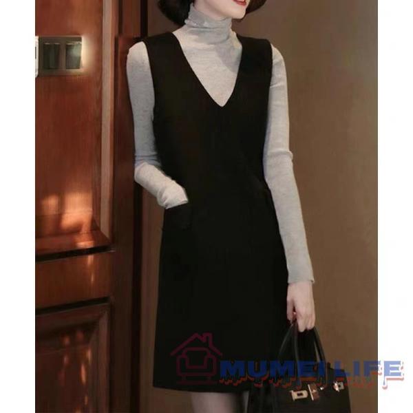 V襟ジャンバースカート ブラック ストレートライン 暖か 防寒 ひざ丈