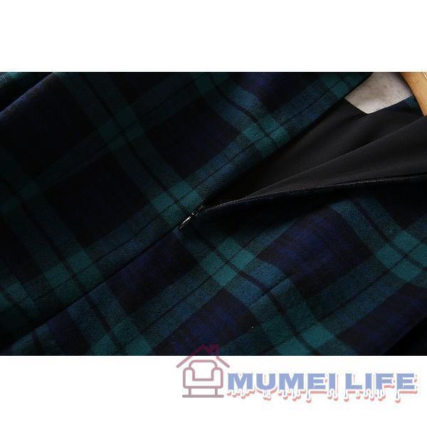 タータンチェックワンピース ひざ下丈 フレアスカート グリーン系 長袖