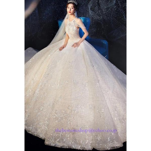 ロングトレーン 高級ウエディングドレスお花嫁ドレスプリンセスライン