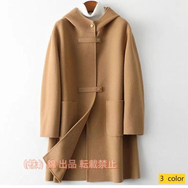 フード付きハーフコート　リバーコート　ウール100%　ダッフルコート風　通勤通学　防寒　株式会社錦　ほっそり効果大 20代30代40代50代　ミセス