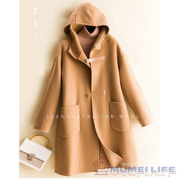 フード付きハーフコート リバーコート ウール100% ダッフルコート風