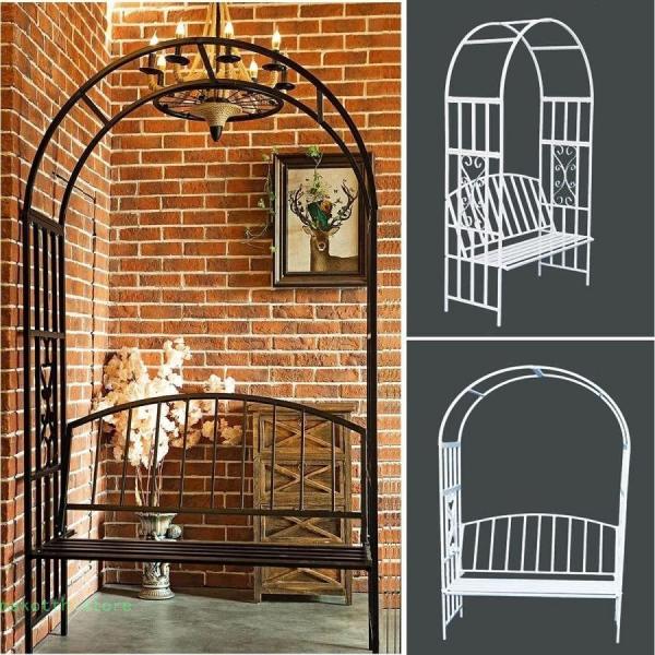 ブラック/白いフラワーアーチベンチ付き大きな金属製バラアーチ庭の