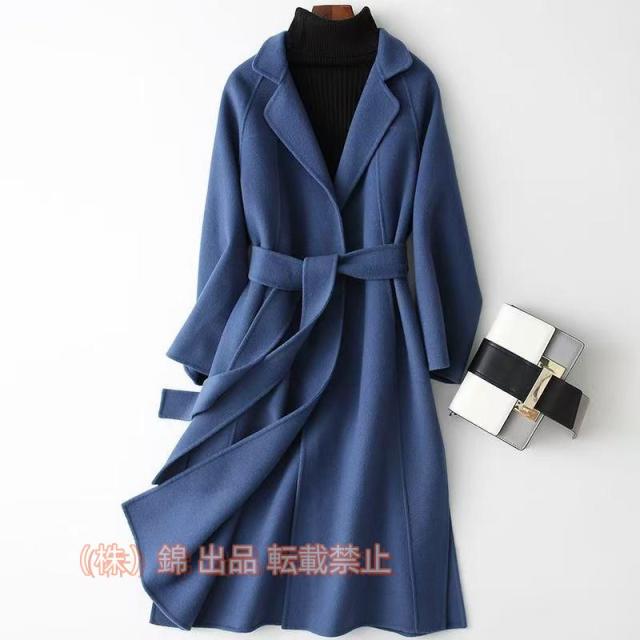 上品ロングコート　ウール リバーコート　ダブルフェイスコート　一枚仕立て　ブルー株式会社錦　XS?XXＬ　上品　大人