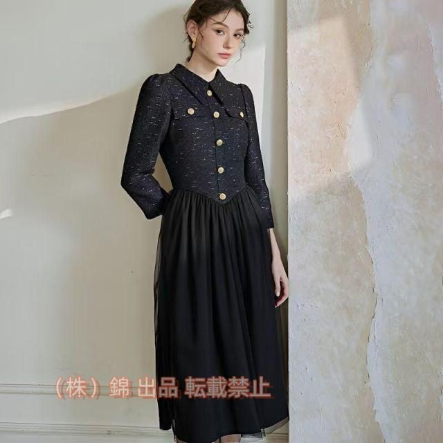 フレア 長袖 ブラック 結婚式ワンピース フォーマルドレス ディナーショー 両親 顔合わせ服装 株式会社錦30代40代50代60代 お見合い お呼ばれ 披露宴 同窓会