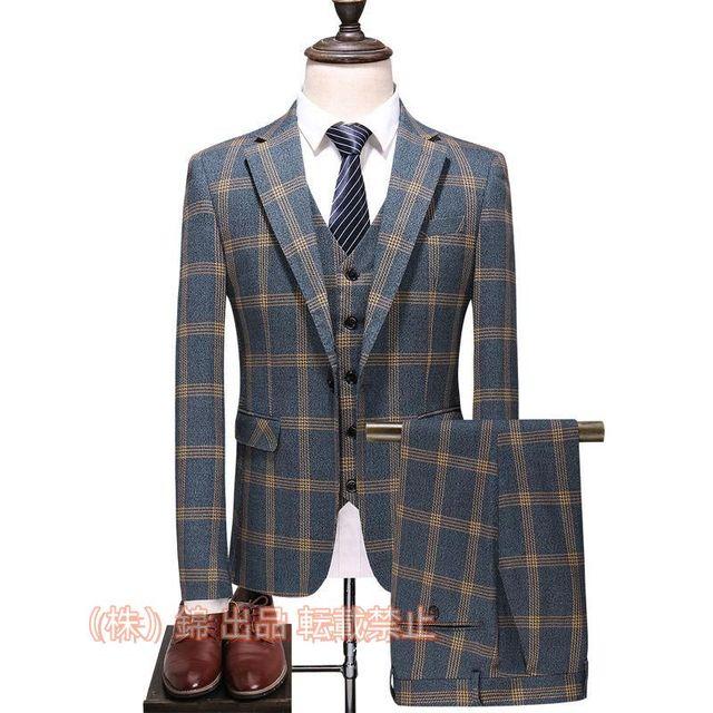ビジネススーツ メンズ スリーピーススーツ 3ピーススーツ ３点スーツセットアップ チェック柄　スーツセット セットアップ 細身株式会社錦 紳士服 結婚式