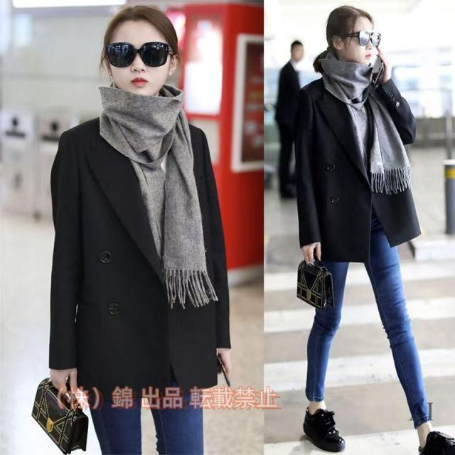 ダブルジャケット　ブラック　通勤　通学　ウールジャケット　ブレザー　厚手　防寒　株式会社錦 テーラードブルゾン　　　ほっそり効果大 20代30代40代50代