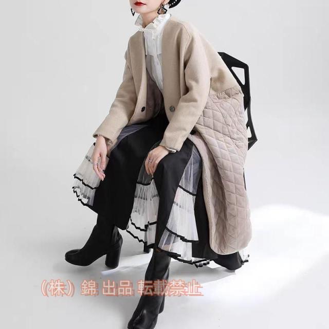 キルティングコート中綿コートレディースカーディガン中綿コートアウターロングコートノーカラージャケット株式会社錦カジュアル防寒軽い暖かい秋冬